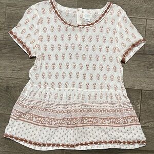 Sigrid Olsen Cream and Brown Patterned Babydoll Blouse